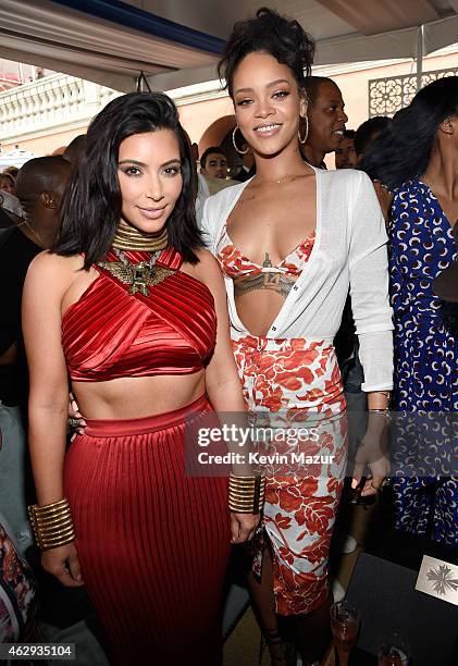 Kim Kardashian and Rihanna attend the Roc Nation and Three Six Zero Pre-GRAMMY Brunch at Private Residence on February 7, 2015 in Beverly Hills,...