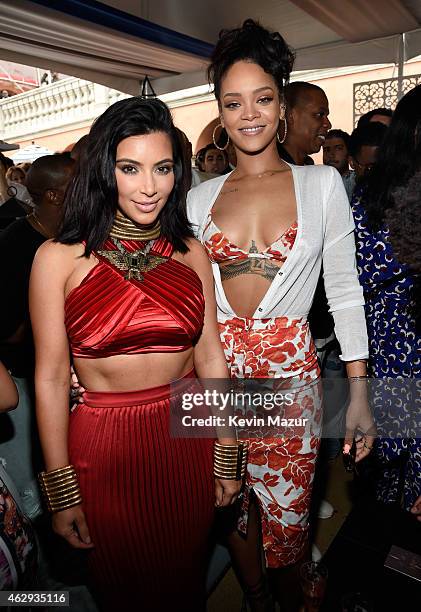 Kim Kardashian and Rihanna attend the Roc Nation and Three Six Zero Pre-GRAMMY Brunch at Private Residence on February 7, 2015 in Beverly Hills,...