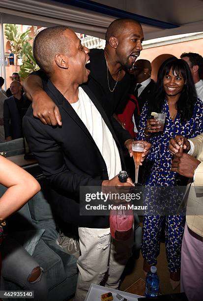 Kanye West and Jay Z attend the Roc Nation and Three Six Zero Pre-GRAMMY Brunch at Private Residence on February 7, 2015 in Beverly Hills, California.