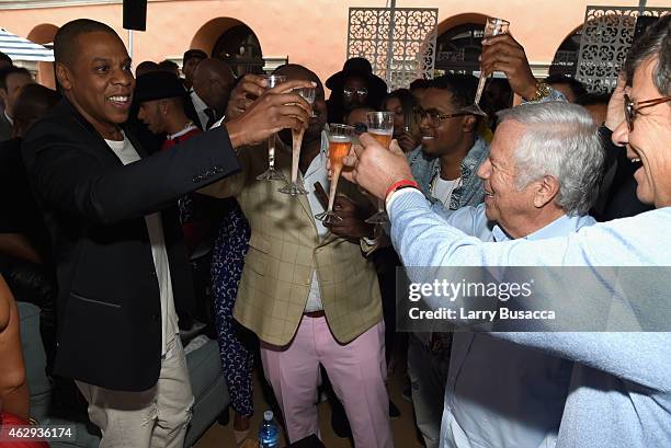 Recording artist Jay-Z, Steve Stoute and Patriots owner Robert Kraft attend Roc Nation and Three Six Zero Pre-GRAMMY Brunch 2015 at Private Residence...