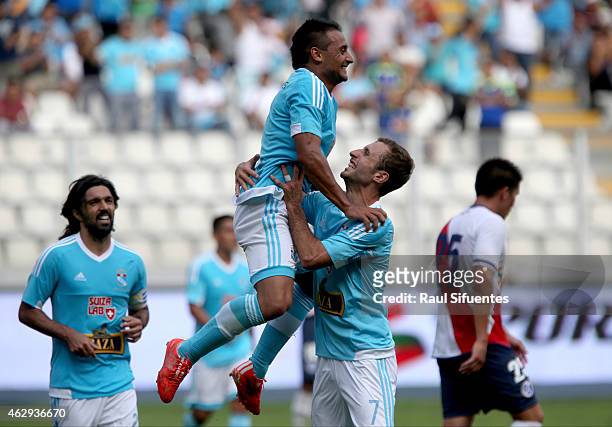Cesar Pereyra of Sporting Cristal celebrates the fourth goal of his team against Deportivo Municipal during a match between Deportivo Municipal and...