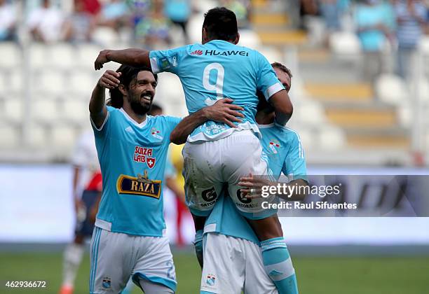 Cesar Pereyra of Sporting Cristal celebrates the fourth goal of his team against Deportivo Municipal during a match between Deportivo Municipal and...