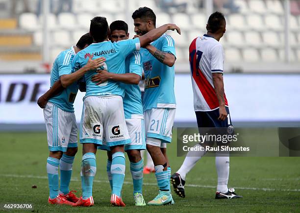 Cesar Pereyra of Sporting Cristal celebrates the fourth goal of his team against Deportivo Municipal during a match between Deportivo Municipal and...