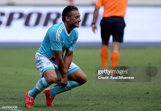 Cesar Pereyra of Sporting Cristal celebrates the fourth goal of his team against Deportivo Municipal during a match between Deportivo Municipal and...