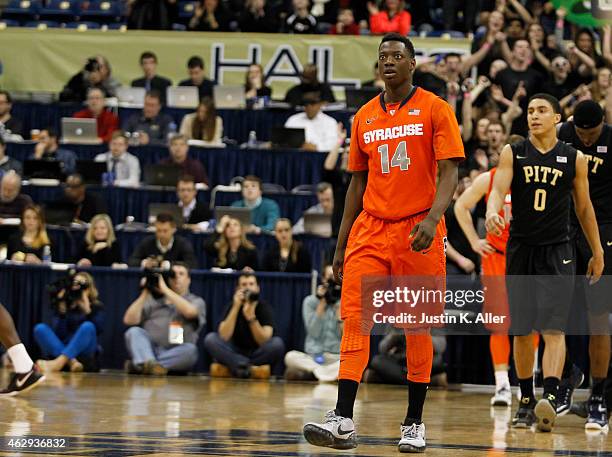 Kaleb Joseph of the Syracuse Orange reacts near the end of the game against the Pittsburgh Panthers during the game at Petersen Events Center on...