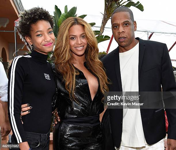 Willow Smith, Beyonce and Jay Z attend the Roc Nation and Three Six Zero Pre-GRAMMY Brunch at Private Residence on February 7, 2015 in Beverly Hills,...
