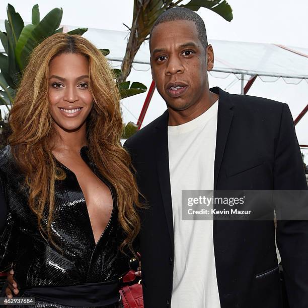Beyonce and Jay Z attend the Roc Nation and Three Six Zero Pre-GRAMMY Brunch at Private Residence on February 7, 2015 in Beverly Hills, California.