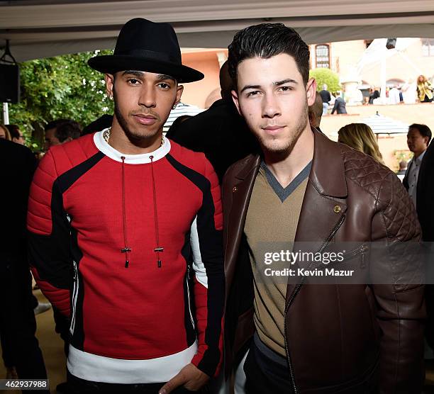 Lewis Hamilton and Nick Jonas attend the Roc Nation and Three Six Zero Pre-GRAMMY Brunch at Private Residence on February 7, 2015 in Beverly Hills,...