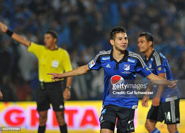 Jonathan Agudelo of Millonarios celebrates after scoring the second goal of his team during a match between Millonarios and Patriotas FC as part of...