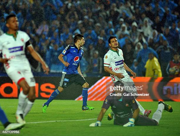 Jonathan Agudelo of Millonarios celebrates after scoring his first goal during a match between Millonarios and Patriotas FC as part of second round...