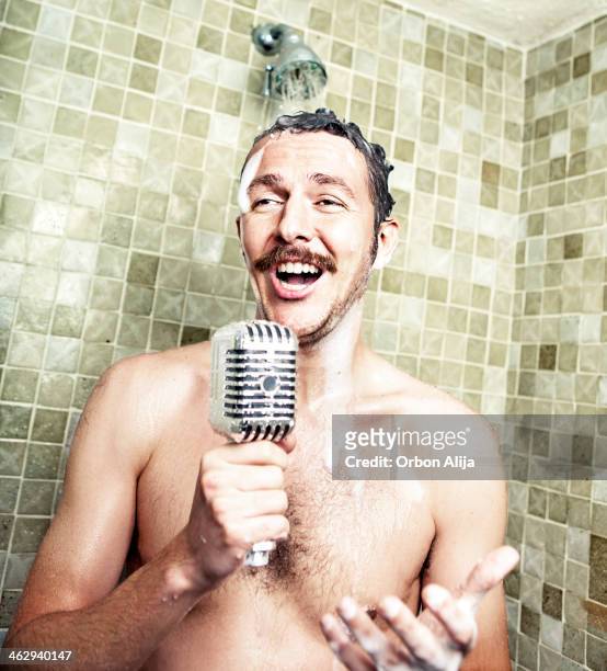 man singing in the shower - singing shower stock pictures, royalty-free photos & images