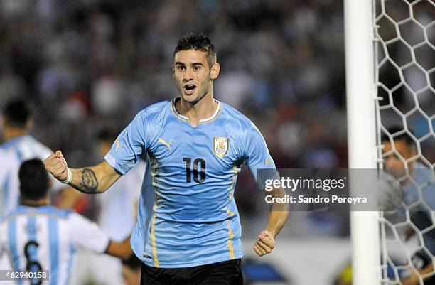 Gaston Pereiro of Uruguay celebrates after scoring the first team goal during a match between Argentina and Uruguay as part of South American U-20 at...