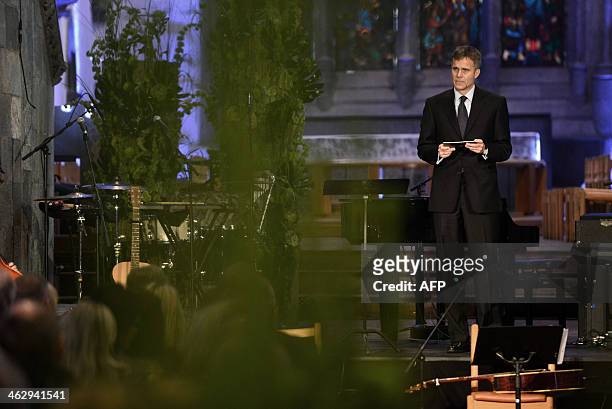 Statoils CEO Helge Lund speaks during a memorial ceremony in Stavanger Cathedral on January 16, 2014 in Stavanger commemorating the first anniversary...