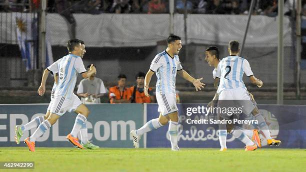 Players of Argentina celebrates after scoring their first goal during a match between Argentina and Uruguay as part of South American U-20 at...