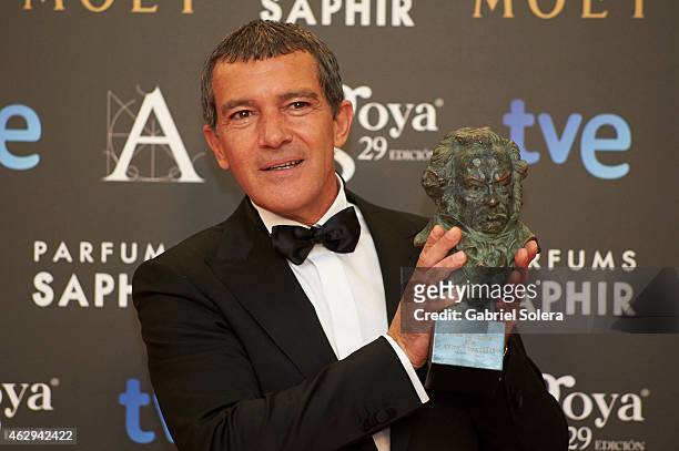Antonio Banderas holds the Honorary award during the 2015 edition of the Goya Cinema Awards at Centro de Congresos Principe Felipe on February 7,...
