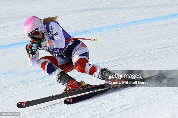 Chemmy Alcott of Great Britain competes during the FIS Alpine Ski World Cup Women's downhill training on January 16, 2014 in Cortina d'Ampezzo, Italy.