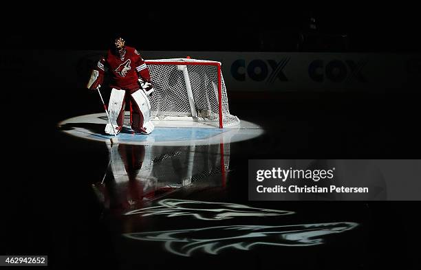 Goaltender Mike Smith of the Arizona Coyotes is introduced before the NHL game against the Detroit Red Wings at Gila River Arena on February 7, 2015...