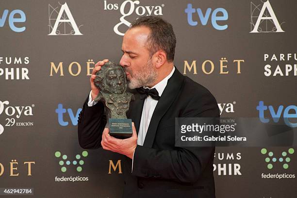 Javier Gutierrez holds the award for Best Actor in the film 'La Isla Minima' during the 2015 edition of the 'Goya Cinema Awards' at Centro de...