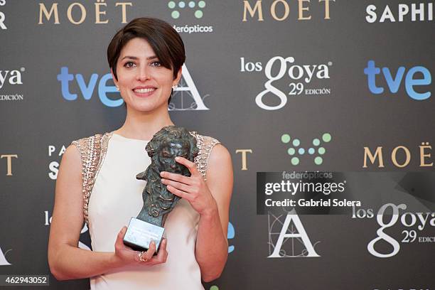 Barbara Lennie holds the award for Best Actress in the film 'Magic Girl' during the 2015 edition of the Goya Cinema Awards at Centro de Congresos...