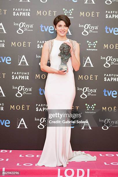 Barbara Lennie holds the award for the Best Actress in the film 'Magic Girl' during the 2015 edition of the 'Goya Cinema Awards' at Centro de...