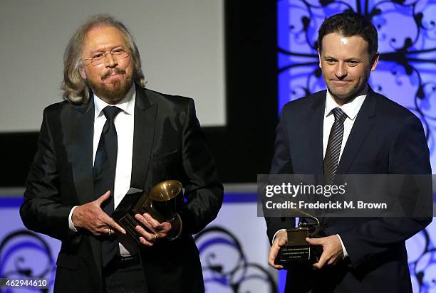 Honoree Barry Gibb and Adam Gibb speak onstage during The 57th Annual GRAMMY Awards - Special Merit Awards Ceremony on February 7, 2015 in Los...