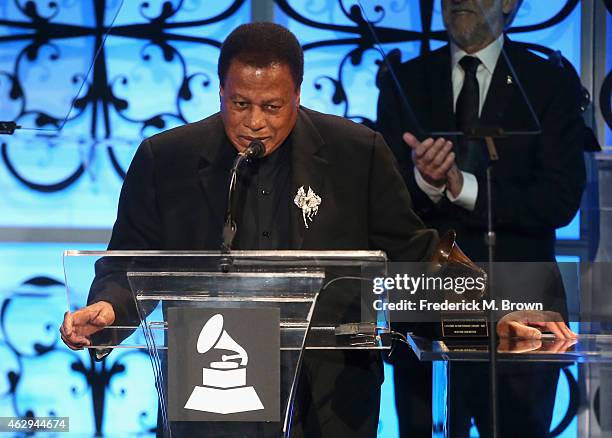 Honoree Wayne Shorter speaks onstage during The 57th Annual GRAMMY Awards - Special Merit Awards Ceremony on February 7, 2015 in Los Angeles,...