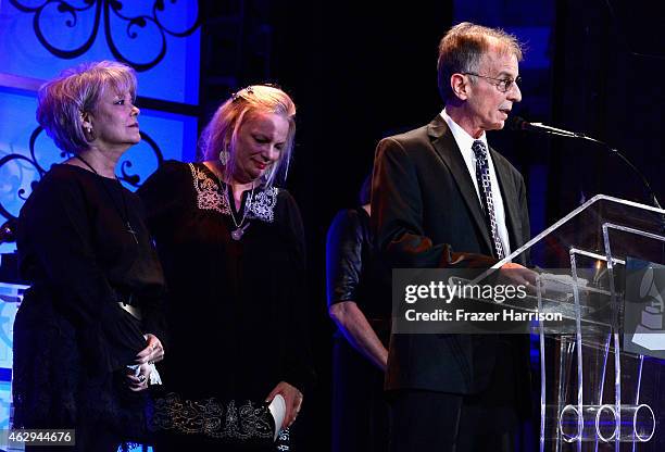 Denise Holleman, recording artist Kathy Louvin and recording artist Charlie 'Sonny' Louvin Jr., speak onstage during The 57th Annual GRAMMY Awards -...