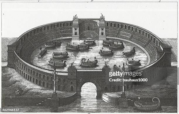 ilustraciones, imágenes clip art, dibujos animados e iconos de stock de grabado: roman naumachia - coliseum rome