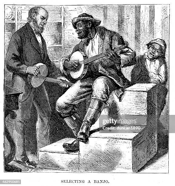 selecting a banjo - musical instrument store stock illustrations