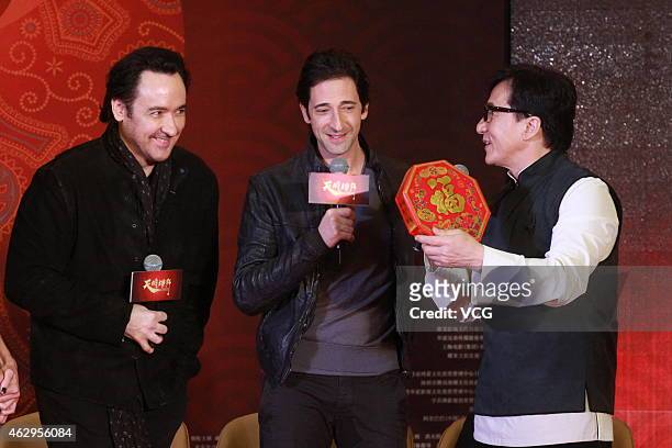 Jackie Chan, Adrien Brody and John Paul Cusack attends premiere of director Daniel Lee Yan-kong's new film "Dragon Blade" on February 7, 2015 in...