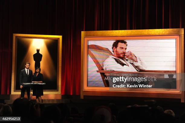 Chris Hemsworth and Academy President Cheryl Boone Isaacs announce Michael Fassbender as a nominee for Best Supporting Actor in the film '12 Years a...