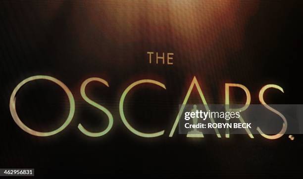 Giant screen shows the Oscar logo, at the 86th Academy Awards nominations announcement, at the Academy of Motion Picture Arts and Sciences, January...