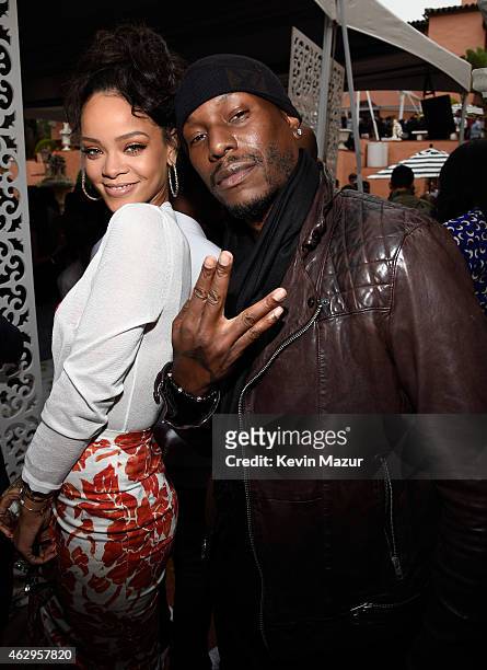 Rihanna and Tyrese Gibson attend the Roc Nation and Three Six Zero Pre-GRAMMY Brunch at Private Residence on February 7, 2015 in Beverly Hills,...
