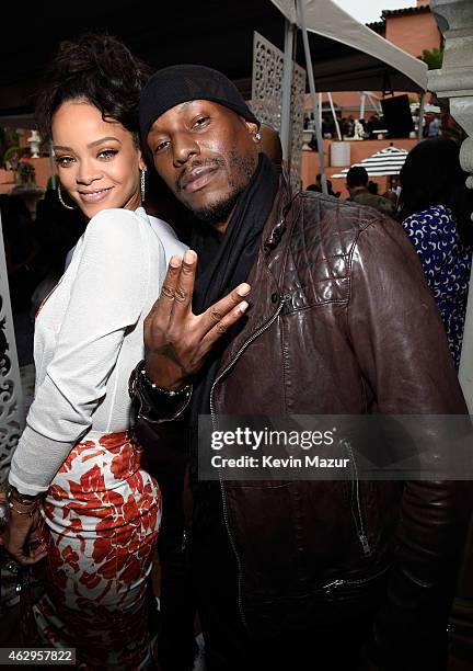 Rihanna and Tyrese Gibson attend the Roc Nation and Three Six Zero Pre-GRAMMY Brunch at Private Residence on February 7, 2015 in Beverly Hills,...