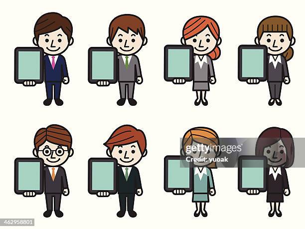 business people holding tabletpc - multiple mobile devices stock illustrations