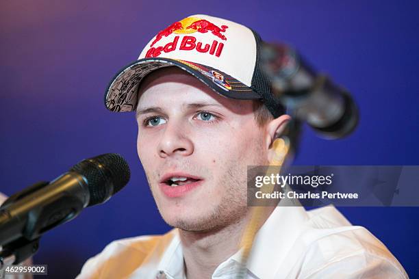 Stefan Bradl of Forward Racing speaks during Yamaha Motor's kick-off press conference for the 2015 race season at the Sama-Sama Hotel on February 5,...