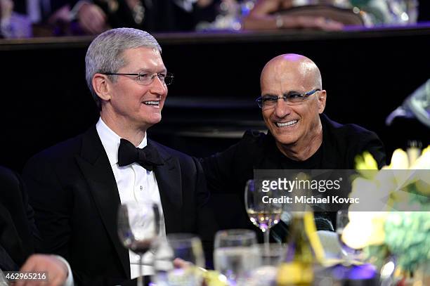 Of Apple Tim Cook and music producer Jimmy Iovine attend the Pre-GRAMMY Gala and Salute to Industry Icons honoring Martin Bandier at The Beverly...