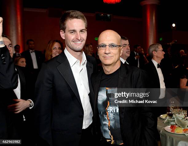 Of Snapchat Evan Spiegel and music producer Jimmy Iovine attend the Pre-GRAMMY Gala and Salute to Industry Icons honoring Martin Bandier at The...