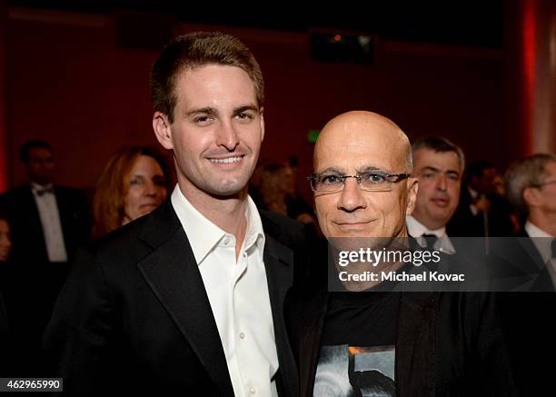 Of Snapchat Evan Spiegel and music producer Jimmy Iovine attend the Pre-GRAMMY Gala and Salute to Industry Icons honoring Martin Bandier at The...