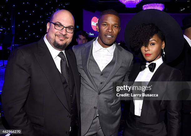 Producer Anthony Zuiker, actor Jamie Foxx and singer Janelle Monae attend the Pre-GRAMMY Gala and Salute To Industry Icons honoring Martin Bandier at...