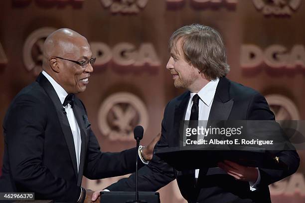 President Paris Barclay and director Morten Tyldum, winner of the Feature Film Nomination Plaque for "The Imitation Game" speak onstage at the 67th...
