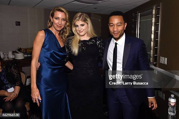 Ty Stiklorius, Meghan Trainor, and John Legend attends the Pre-GRAMMY Gala and Salute To Industry Icons honoring Martin Bandier at The Beverly Hilton...