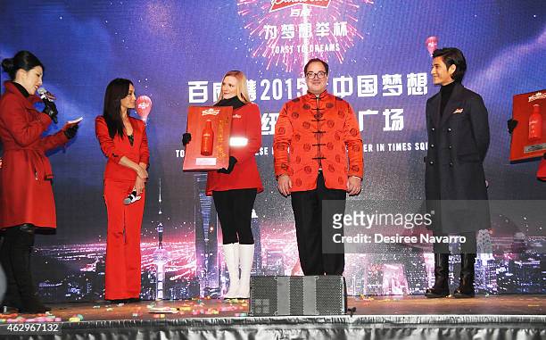 Actress Maggie Q, Global Chief Marketing Officer at Anheuser-Busch Miguel Patricio and actor Chen Kun attend Maggie Q Toasts The Chinese New Year at...