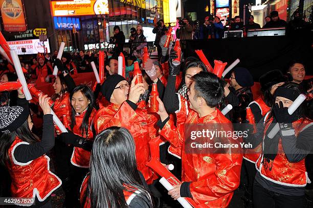 Atmosphere of Maggie Q Toasts The Chinese New Year at Times Square on February 7, 2015 in New York City.