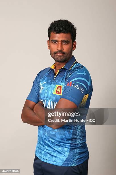 Thisara Perera poses during the Sri Lanka 2015 ICC Cricket World Cup Headshots Session at the Rydges Latimer on February 8, 2015 in Christchurch, New...