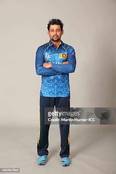Dilshan Tilakarathne poses during the Sri Lanka 2015 ICC Cricket World Cup Headshots Session at the Rydges Latimer on February 8, 2015 in...