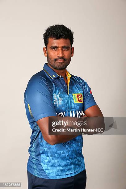 Thisara Perera poses during the Sri Lanka 2015 ICC Cricket World Cup Headshots Session at the Rydges Latimer on February 8, 2015 in Christchurch, New...