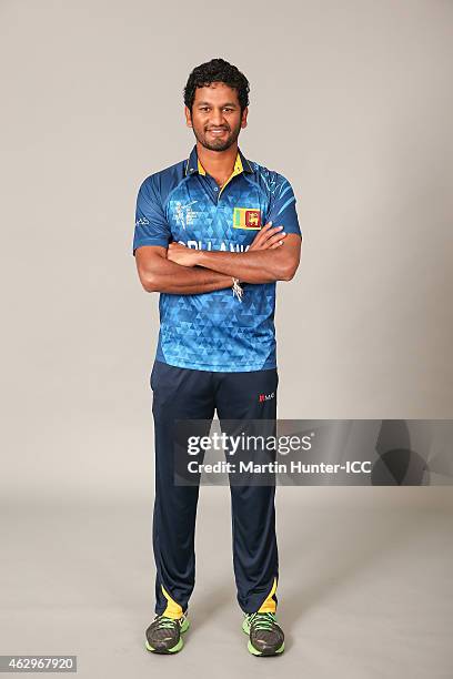 Dimuth Karunarathne poses during the Sri Lanka 2015 ICC Cricket World Cup Headshots Session at the Rydges Latimer on February 8, 2015 in...