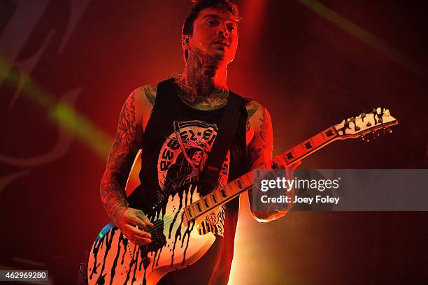 Guitarist Tony Perry of Pierce The Veil performs in front of a sold out crowd at Egyptian Room at Old National Centre on February 7, 2015 in...