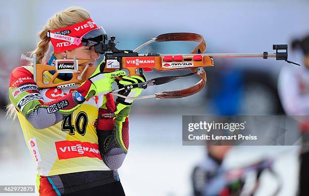 Gabriela Soukalova of Czech Republic shoots during the women's 7.5 kilometer sprint race of the E.ON IBU Biathlon Worldcup on January 16, 2014 in...